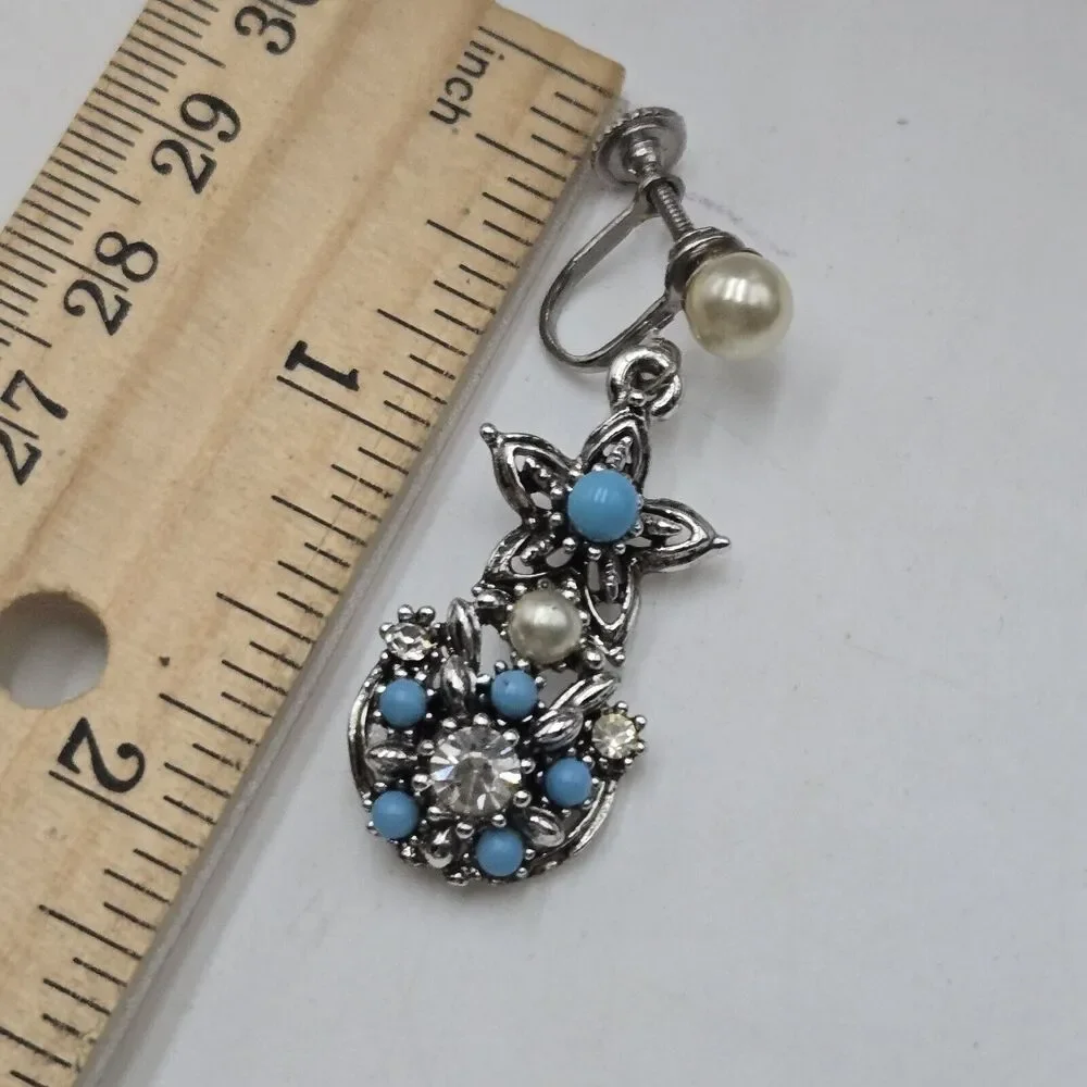 Vintage Star Brand Faux Turquoise And Bling Rhinestone Earrings Screwback